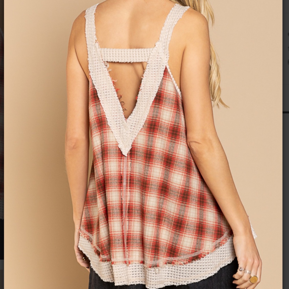 POL PLAID TANK TOP WAFFLE KNIT TRIM V NECK LOW BACK SWING TANK SUMMER TOP BR34 - Picture 4 of 5